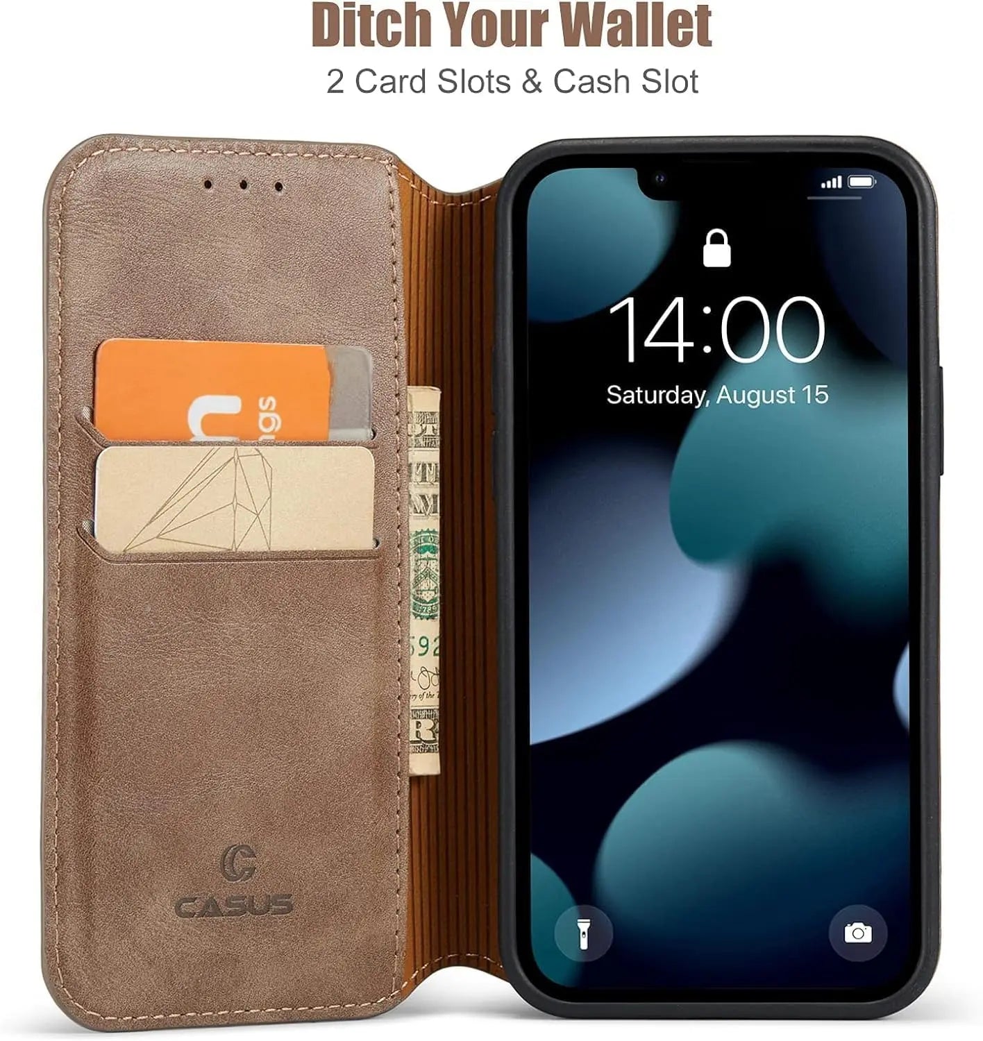 magnetic iPhone 14 Pro Max wallet case folded open