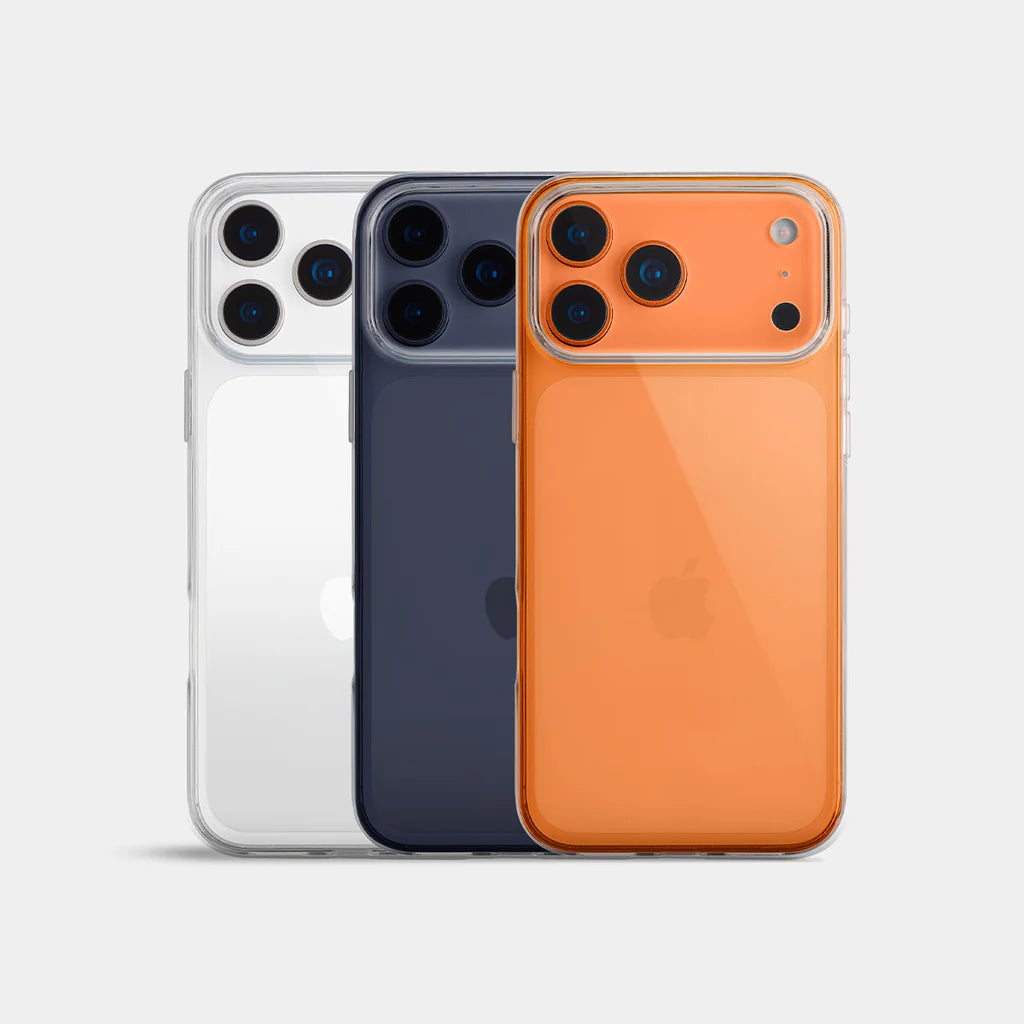 clear case on Three smartphones in white, black, and orange 