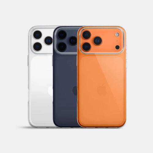 clear case on Three smartphones in white, black, and orange 