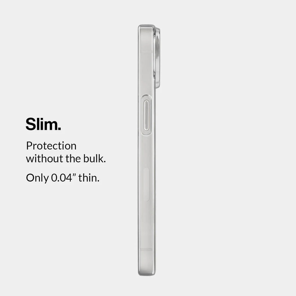 Thin phone case with text highlighting its slim design on a white background